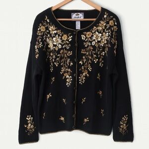 Y2K Tiara International Black Floral Embroidered Cardigan Sweater Medium